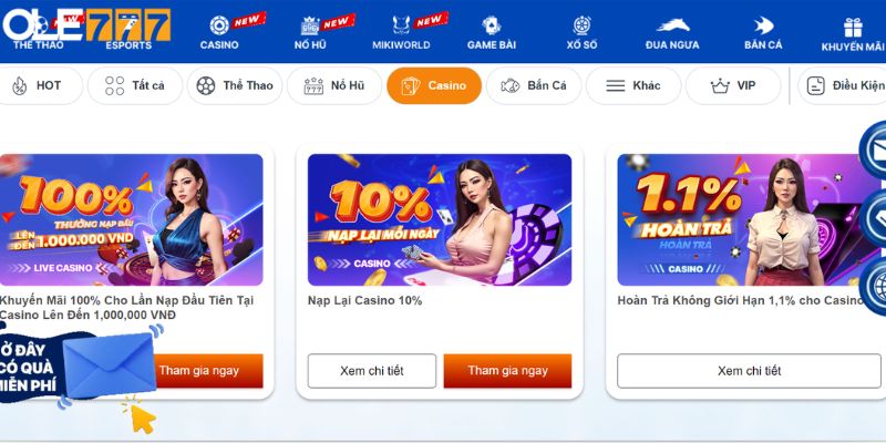 Danh sách khuyến mãi casino tại nhà cái Ole777 