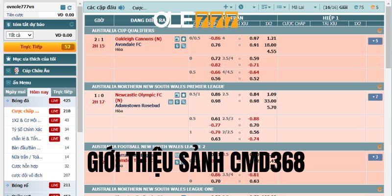 Sảnh CMD368 Ole777 - Cá cược thể thao đa dạng và hấp dẫn